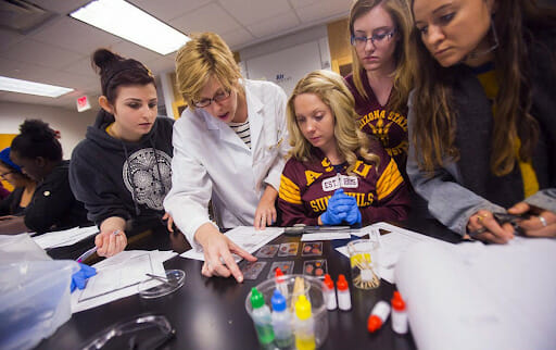 Undergraduate students receiving instruction for research by a lab technician.