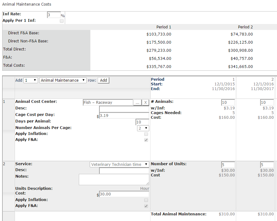 Screenshot of Animal Maintenance Costs screen