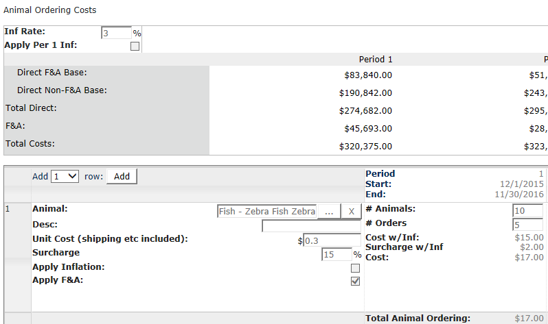 Screenshot of Animal Ordering Costs screen