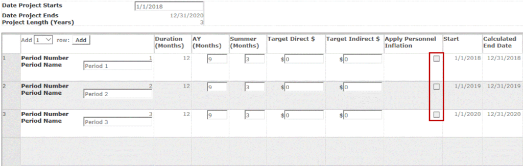 Screenshot of 1.1 of the budget module showing where the personnel inflation boxes are highlighted on the right.