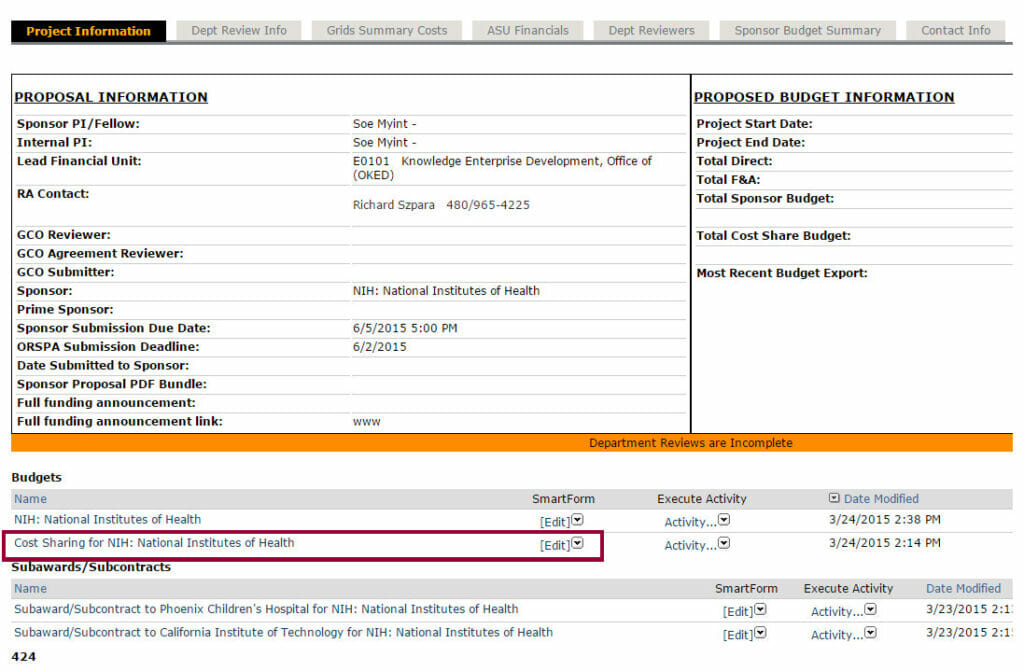 Screenshot of proposal worksheet with Cost Sharing for NIH highlighted on lower left of image.