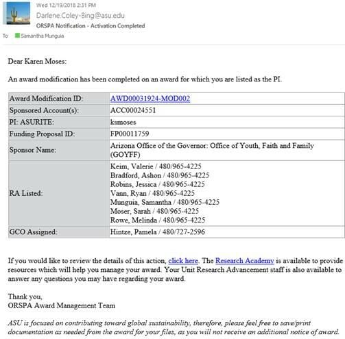 Screenshot of email sent when an award modification is activated. Iy shows the Award Modification ID, Sponsored Accounts Number, PI's ASURITE ID, Funding Proposal, Sponsor Name, RA listed, and GCO Assigned.