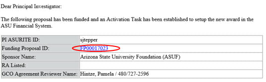 Screenshot showing Funding Proposal ID link circled in red.
