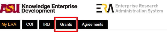 Screenshot of navigation menu of ERA with Grants highlighted with box around it.