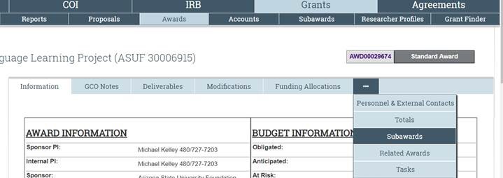 Screenshot of the subawards tab appearing in dropdown menu