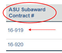 Screenshot of Subaward Contract number column