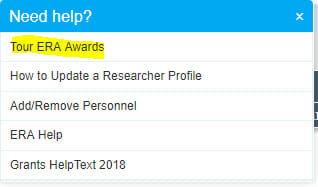 Screenshot of dropdown menu under Grants in ERA with Tour ERA Awards highlighted in yellow.