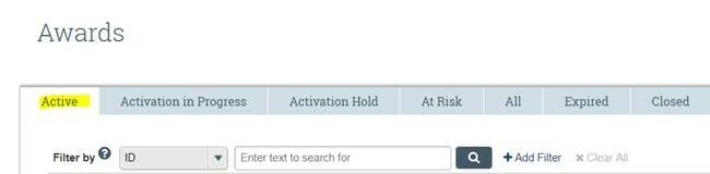 Screenshot showing Active Awards tab