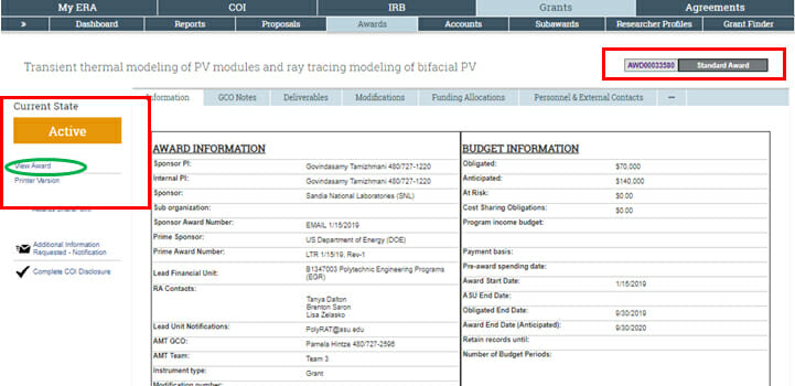 Screenshot of ERA site with Grants and Awards menu items chosen. It is described by the text preceding the image. The account number is in a red box and the current status on the left has View Project circled in green.