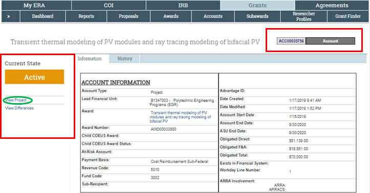 Screenshot of ERA site with Grants menu item chosen. It is described by the text preceding the image. The account number is in a red box and the current status on the left has View Project circled in green.