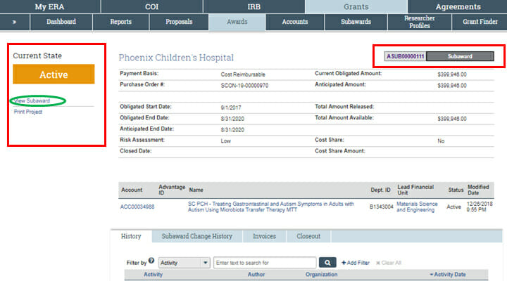 Screenshot of ERA site with Grants and Awards menu items chosen. It is described by the text preceding the image. The account number is in a red box and the current status on the left has View Subaward circled in green. Below that is a expanded description of the subaward information: Account number, advantage ID, Name of Award, Department ID, Lead Financial unit, Status and Modified Date.