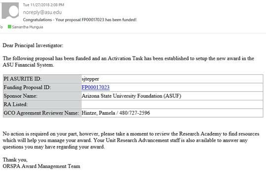 Screenshot of email notification sent when a funding proposal is moved to awarded. It shows the PI's ASURITE ID, the Funding Proposal ID, Sponsor Name, RA Listed, and GFO Agreement Review Name.