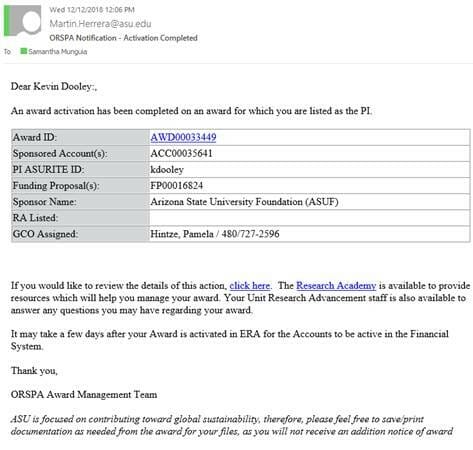 Screenshot of email notification sent when a new award is activated. It shows the Award ID, Sponsored Accounts Number, PI's ASURITE ID, Funding Proposal, Sponsor Name, RA listed, and GCO Assigned.