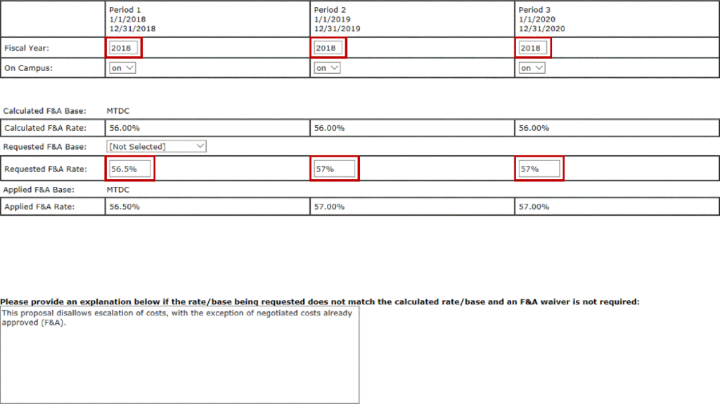 Screenshot of 1.2 of the budget module highlight where the fiscal year in entered as well as the F&A amount.