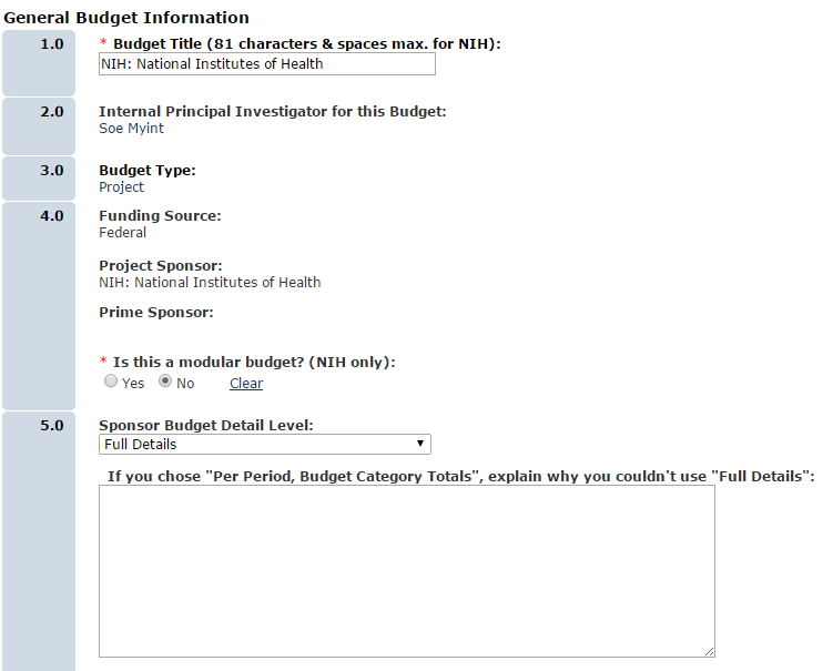 Screenshot of the General Budget Information SmartForm
