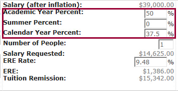 Screenshot showing academic year percent at 50% for a full-time graduate student