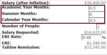 Screenshot showing academic year months at 4.5 for a full-time graduate student