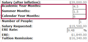 Screenshot showing summer months at 1.5 for a full-time graduate student in summer