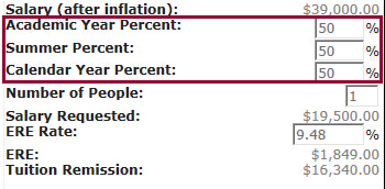 Screenshot showing summer percent value at 50% for a full-time graduate student