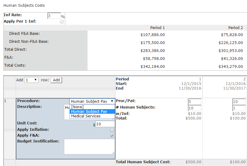 Screenshot of Human Subjects Costs screen