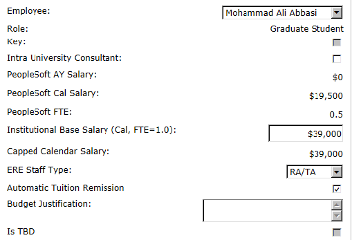 Screenshot showing graduate student salary pulled in from PeopleSoft