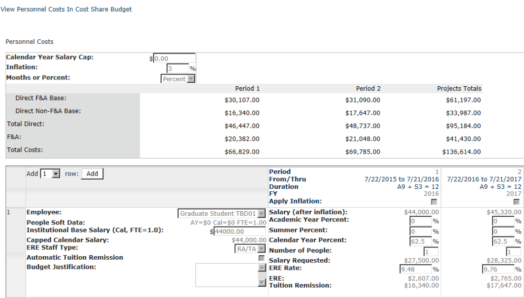Screenshot showing Personnel Costs screen