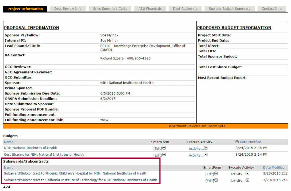 Screenshot of Proposal WorkSpace showing in lower left corner Subawards /Subcontracts highlighted.