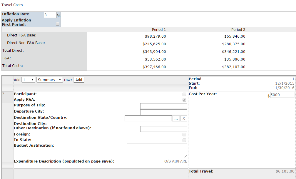 Screenshot of travel costs screen