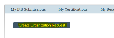 Screenshot showing location of Create Organization Request button