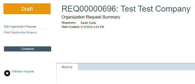 Screenshot of the request summary 