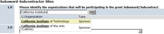 Screenshot of Budgets SmartForm 4.0 Subaward-Subcontract Sites.