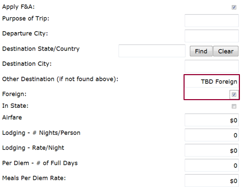 Screenshot showing "Other Destination" field with "TBD Foreign" selected
