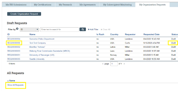 Screenshot of the "My Organization Requests" tab highlighting the request ID, draft status and "Show all requests" link