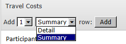 Screenshot showing dropdown menu with travel budget types