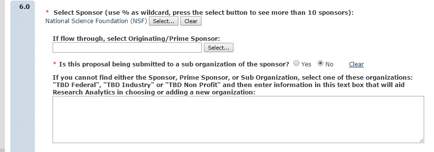 Image of sample scenario of selection NSF as a sponsor in the ERA system.